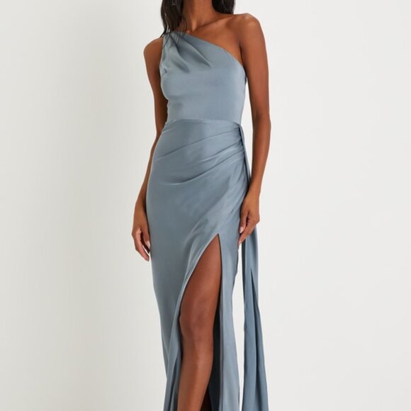 Lulus Signature Elegance Slate Blue Satin One-shoulder Maxi Dress - Size S - Picture 1 of 4